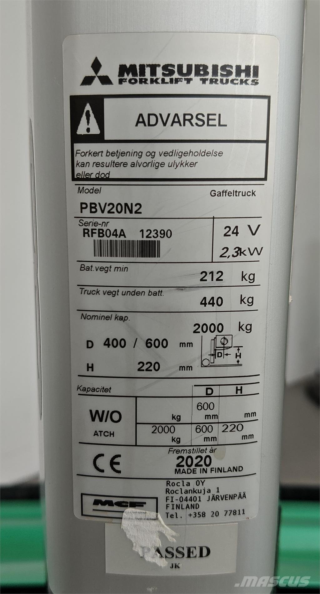 Mitsubishi PBV20N2 Wózki widłowe samochodowe z przestrzenią ładunkową