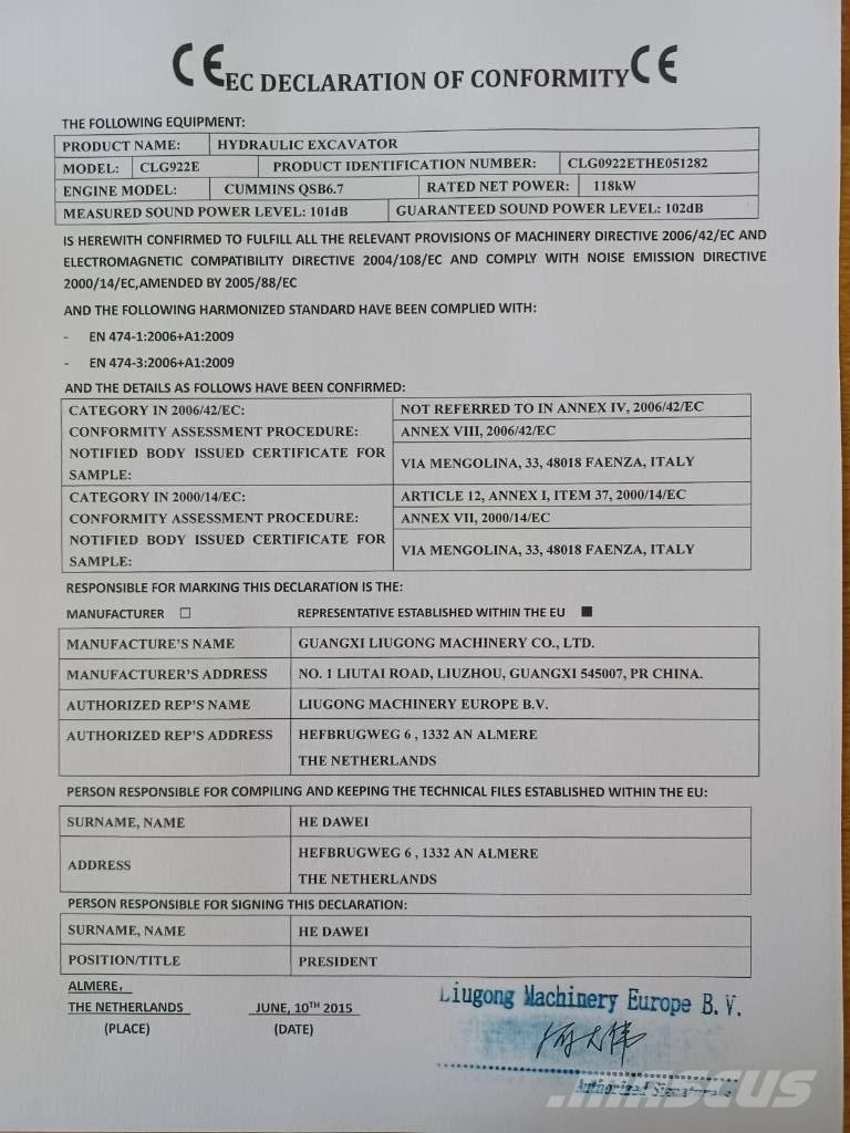 LiuGong CLG 922 E Koparki gąsienicowe