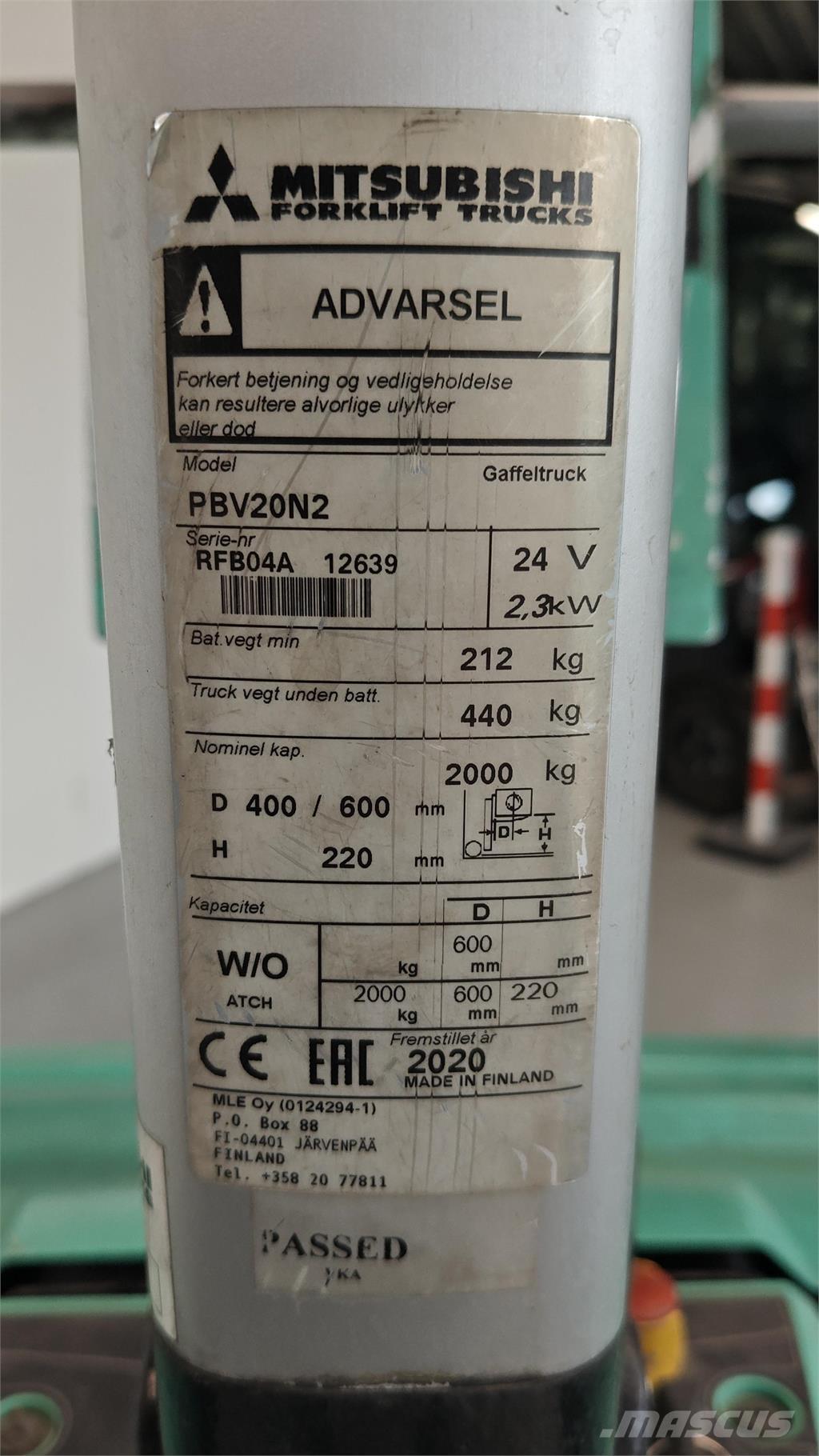 Mitsubishi PBV20N2 Wózki widłowe samochodowe z przestrzenią ładunkową