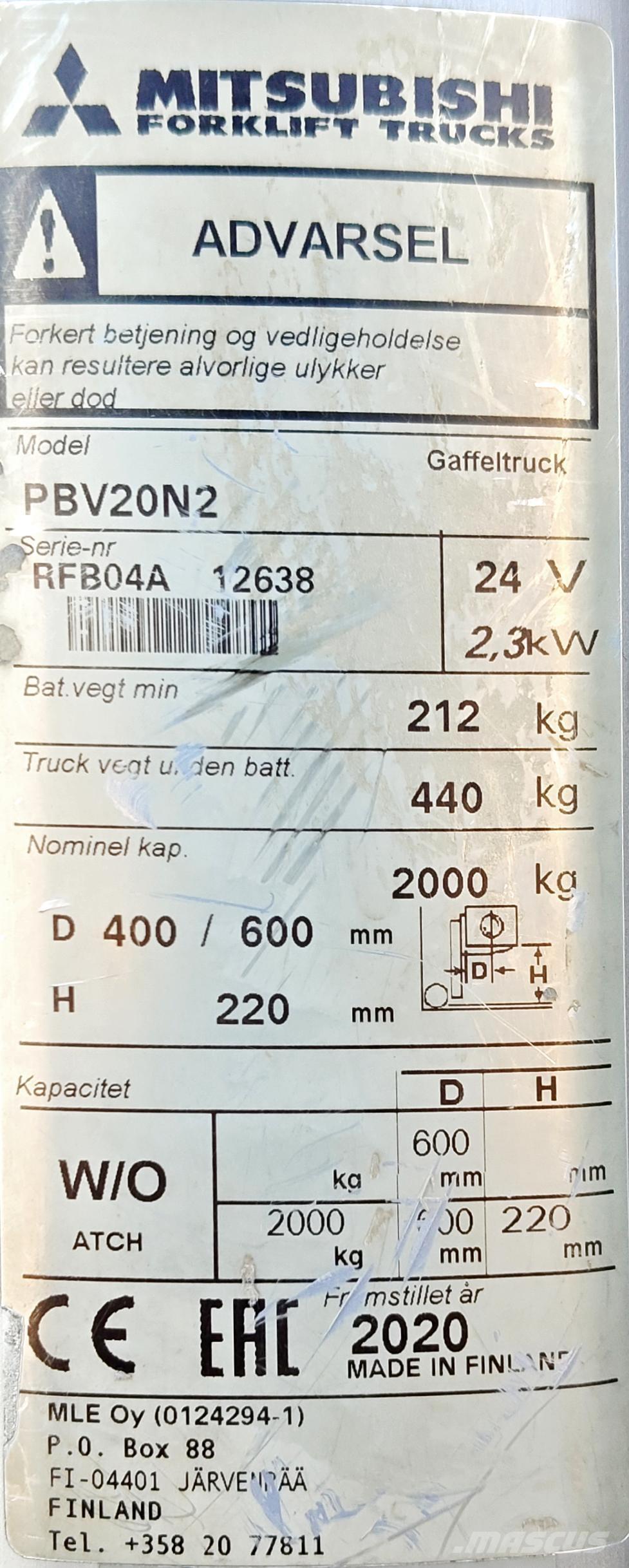 Mitsubishi PBV20N2 Wózki widłowe samochodowe z przestrzenią ładunkową