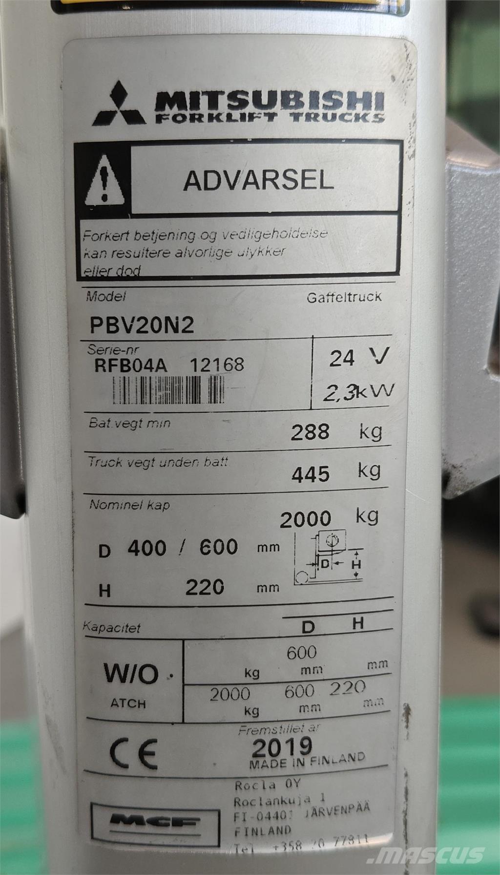 Mitsubishi PBV20N2 Wózki widłowe samochodowe z przestrzenią ładunkową