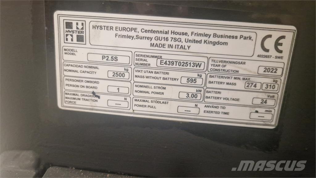 Hyster P2.5S Wózki widłowe unoszące z dyszlem