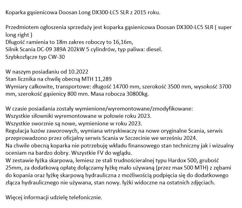 Doosan DX 300 LC-5 Koparki z długim ramieniem