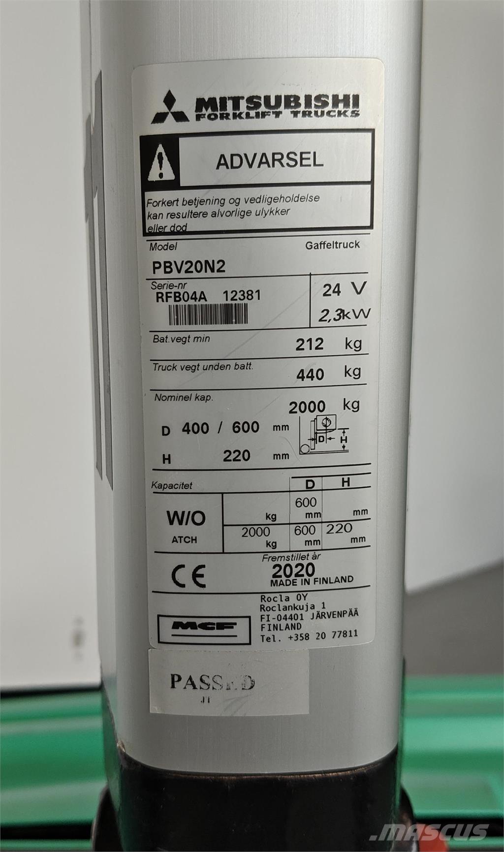 Mitsubishi PBV20N2 Wózki widłowe samochodowe z przestrzenią ładunkową