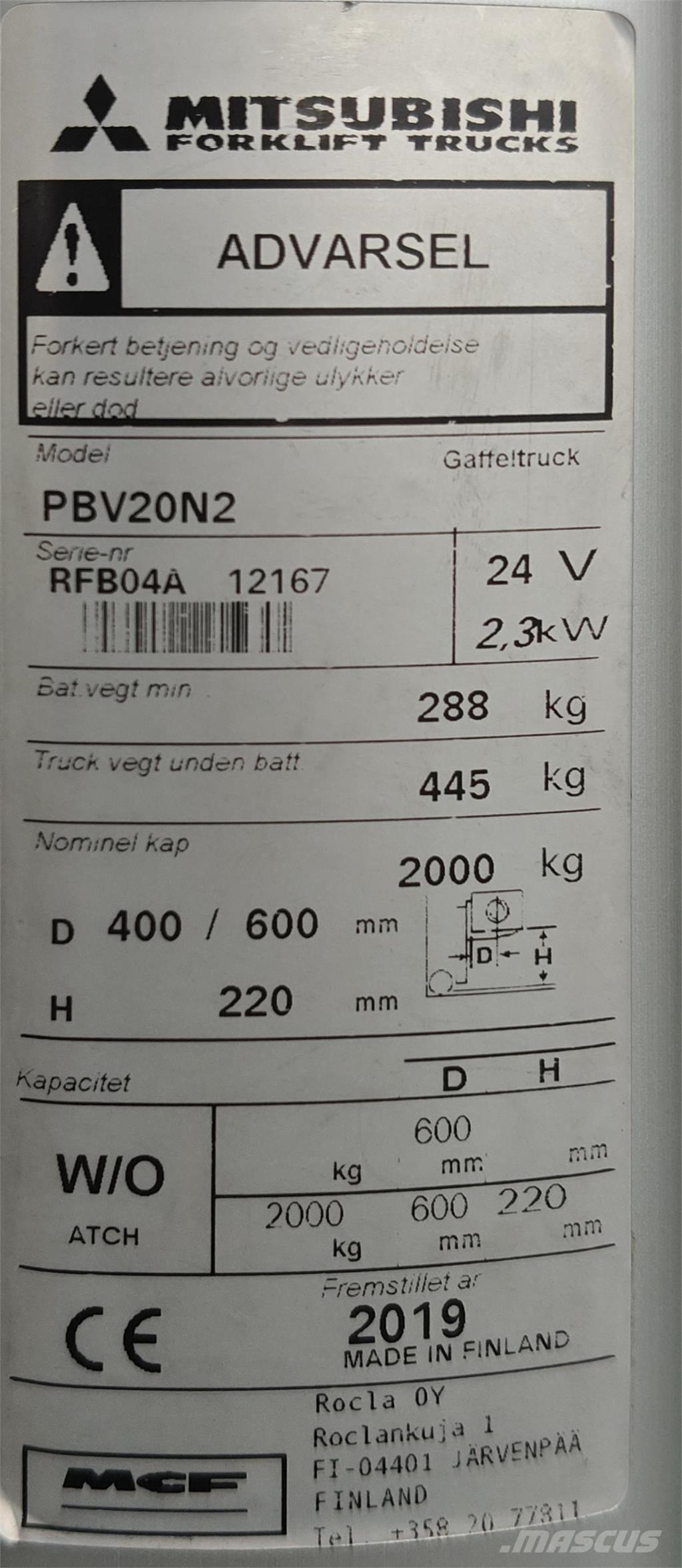 Mitsubishi PBV20N2 Wózki widłowe samochodowe z przestrzenią ładunkową