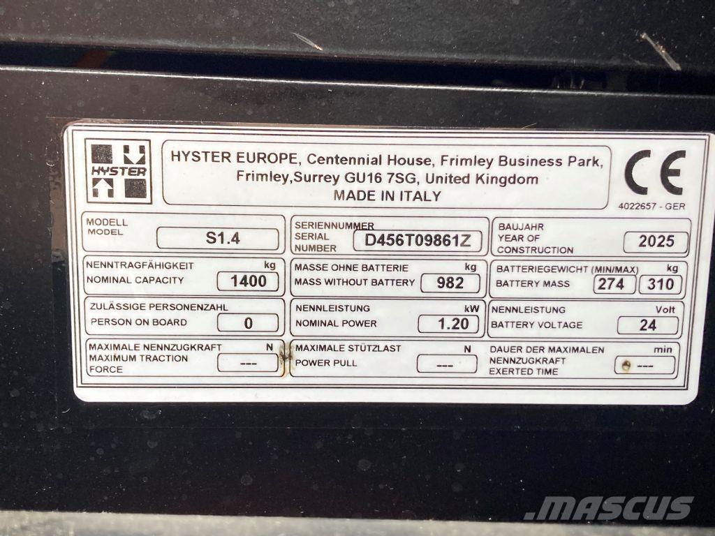 Hyster S 1.4 Wózki widłowe unoszące z dyszlem