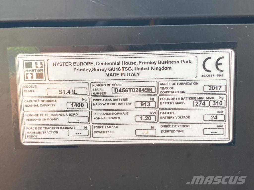 Hyster S 1.4 IL Wózki widłowe unoszące z dyszlem