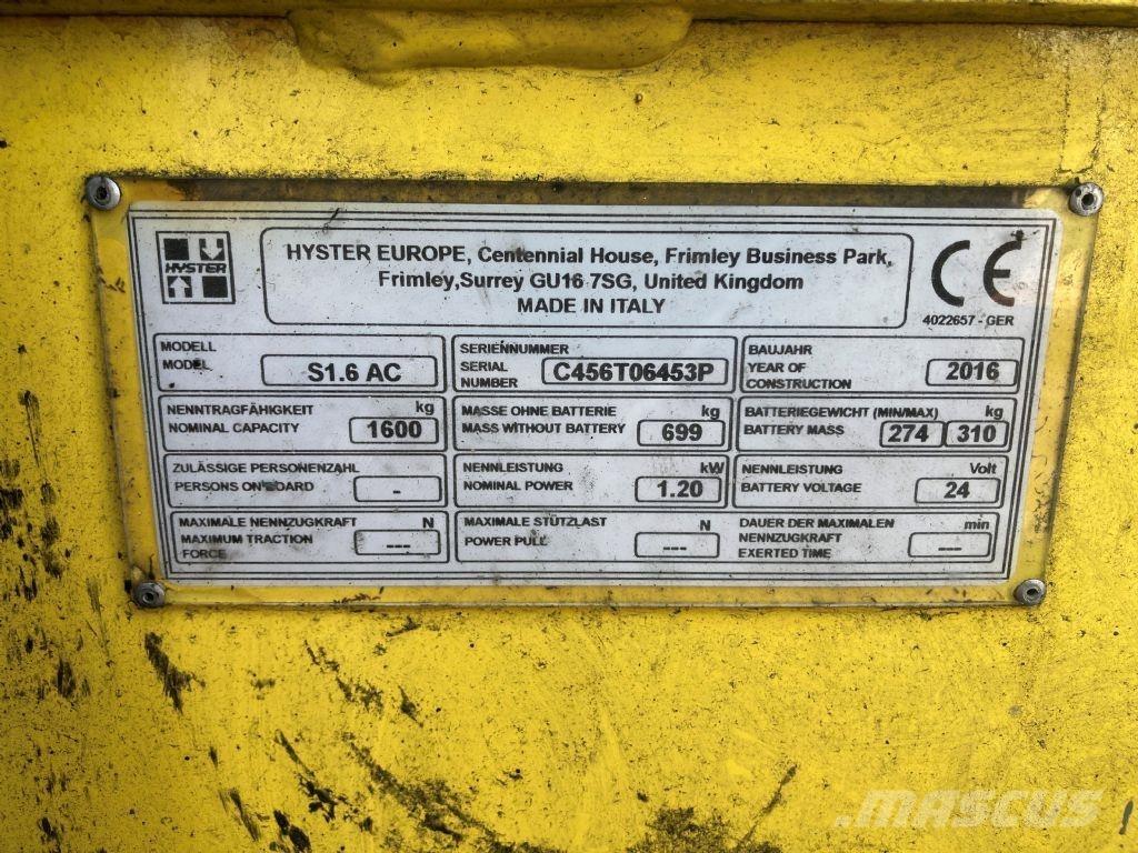 Hyster S 1.6 AC Wózki widłowe unoszące z dyszlem