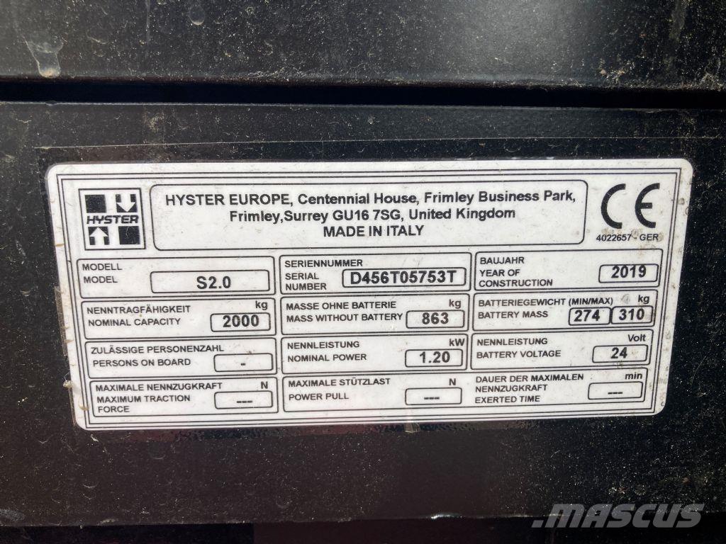 Hyster S 2.0 Wózki widłowe unoszące z dyszlem