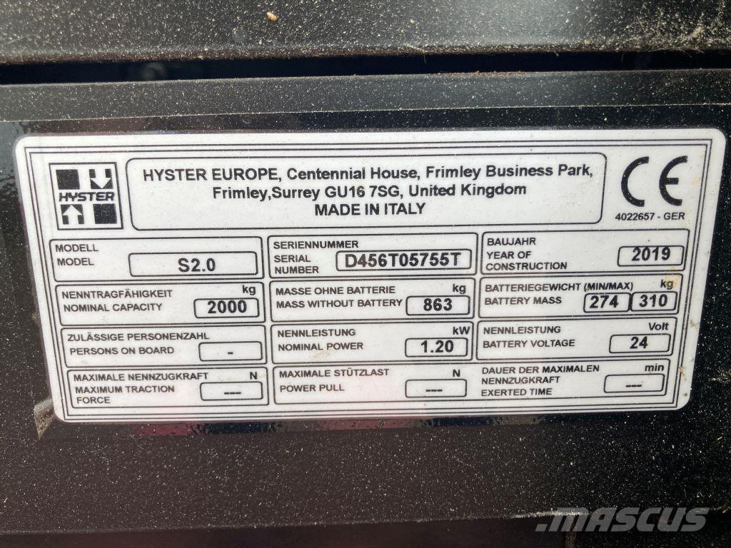 Hyster S 2.0 Wózki widłowe unoszące z dyszlem