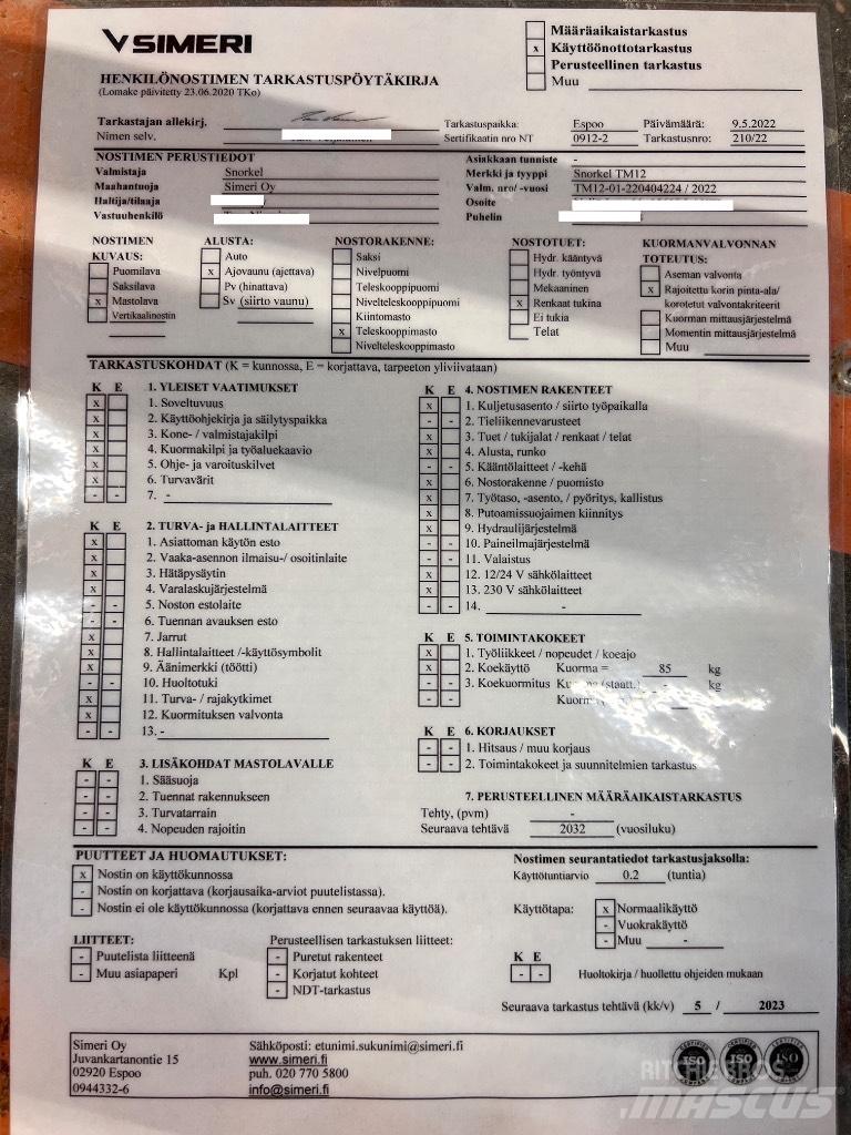 Snorkel TM 12 Podnośniki masztowe