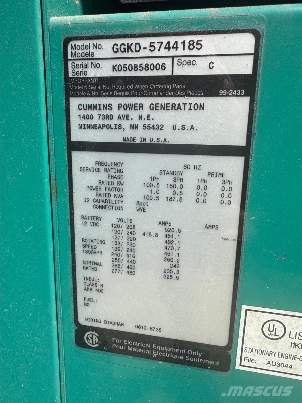 Cummins 150kW Agregaty prądotwórcze gazowe